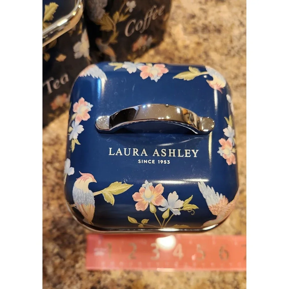 Laura Ashley Blue Floral Metal Square Coffee Tea Sugar Canister Set of 3